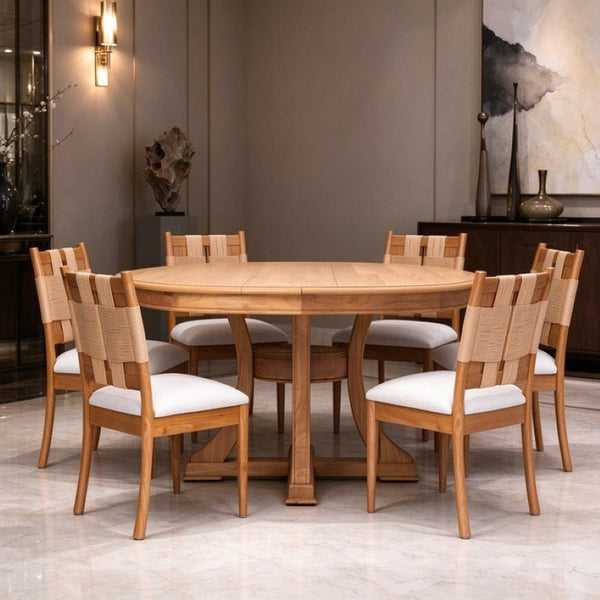 English Elm Natural Oak Extendable Round Dining Set with Rope Woven Chairs for Six W5599S00019
