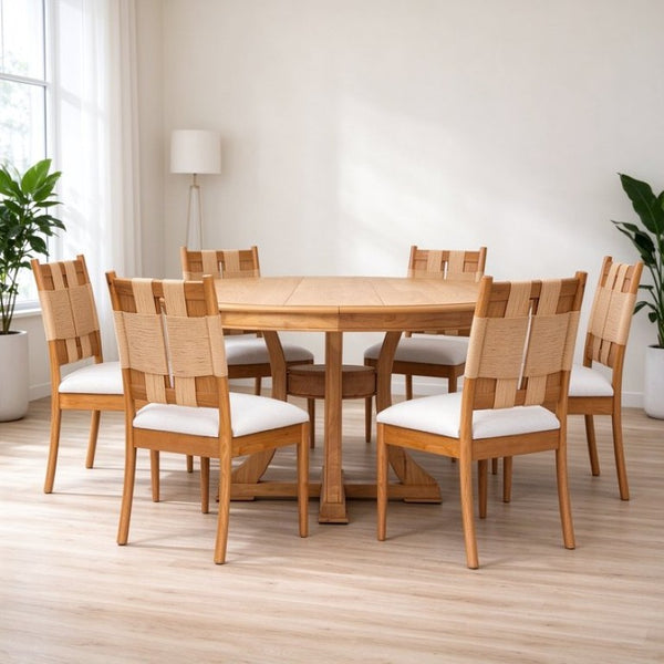 English Elm Natural Oak Extendable Round Dining Set with Rope Woven Chairs for Six W5599S00019