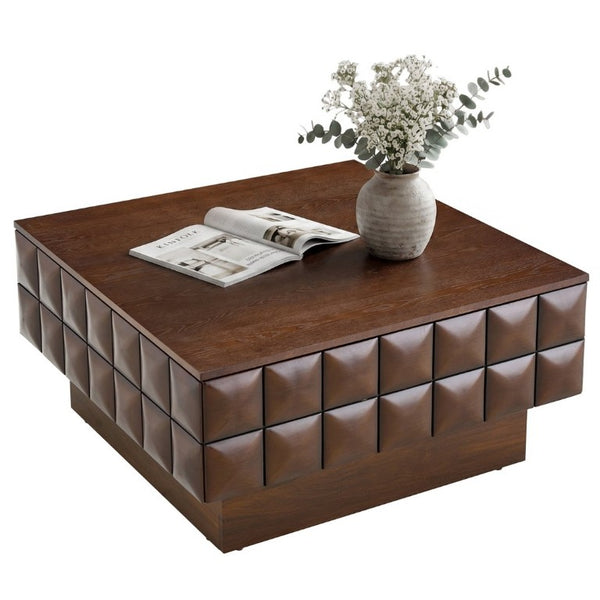 English Elm 31.89 Square Ash Veneer Coffee Table with Sculpted Geometric Relief and Hidden Storage W5608P454925