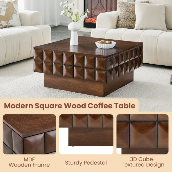 English Elm 31.89 Square Ash Veneer Coffee Table with Sculpted Geometric Relief and Hidden Storage W5608P454925