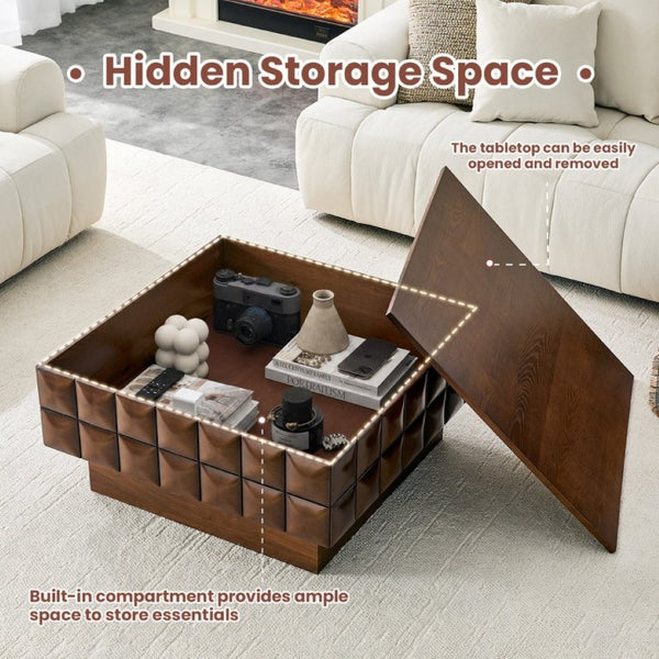 English Elm 31.89 Square Ash Veneer Coffee Table with Sculpted Geometric Relief and Hidden Storage W5608P454925