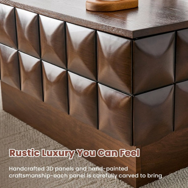 English Elm 31.89 Square Ash Veneer Coffee Table with Sculpted Geometric Relief and Hidden Storage W5608P454925