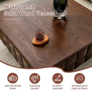 English Elm 31.89 Square Ash Veneer Coffee Table with Sculpted Geometric Relief and Hidden Storage W5608P454925