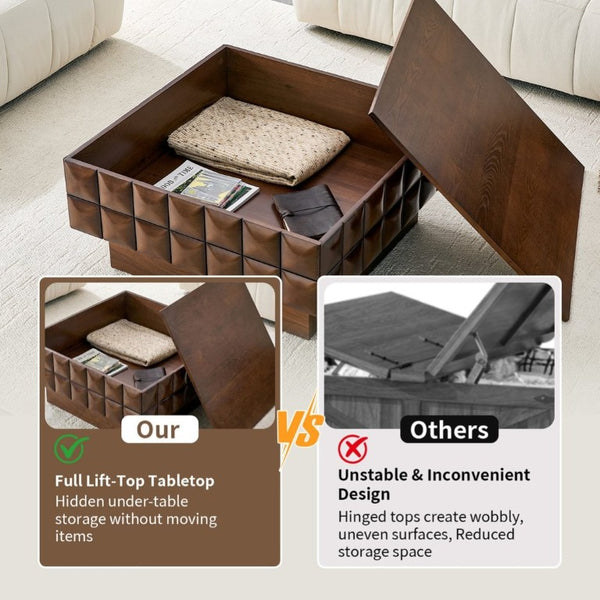 English Elm 31.89 Square Ash Veneer Coffee Table with Sculpted Geometric Relief and Hidden Storage W5608P454925
