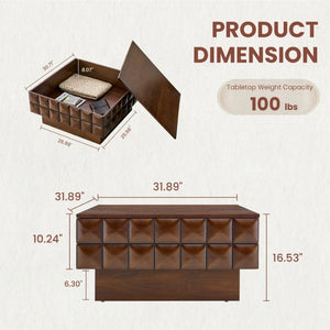 English Elm 31.89 Square Ash Veneer Coffee Table with Sculpted Geometric Relief and Hidden Storage W5608P454925