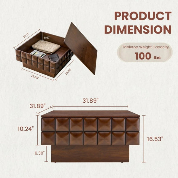 English Elm 31.89 Square Ash Veneer Coffee Table with Sculpted Geometric Relief and Hidden Storage W5608P454925