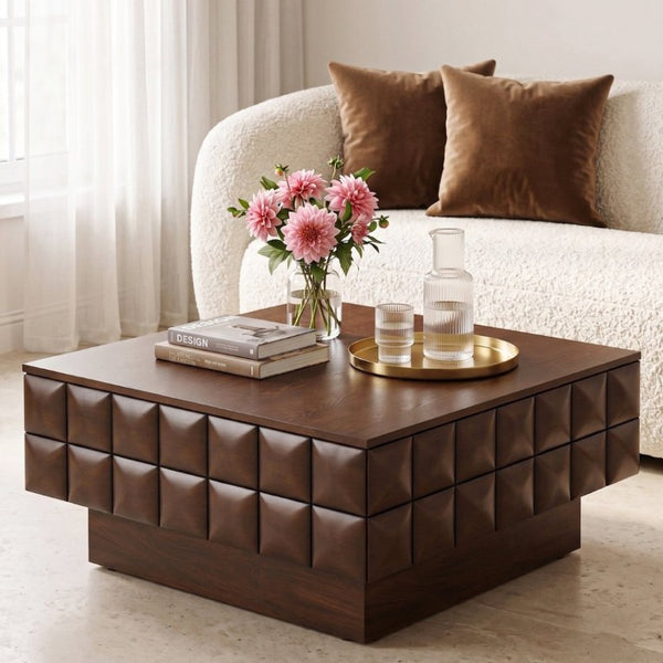 English Elm 31.89 Square Ash Veneer Coffee Table with Sculpted Geometric Relief and Hidden Storage W5608P454925
