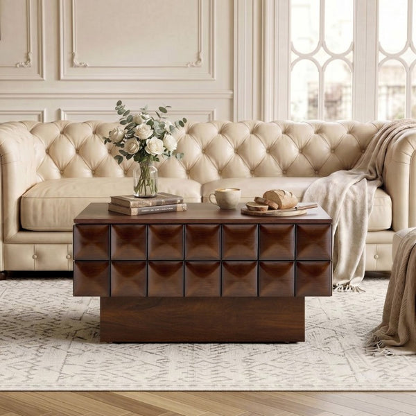 English Elm 31.89 Square Ash Veneer Coffee Table with Sculpted Geometric Relief and Hidden Storage W5608P454925