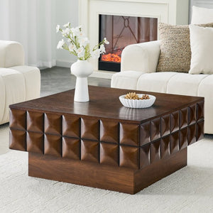 English Elm 31.89 Square Ash Veneer Coffee Table with Sculpted Geometric Relief and Hidden Storage W5608P454925