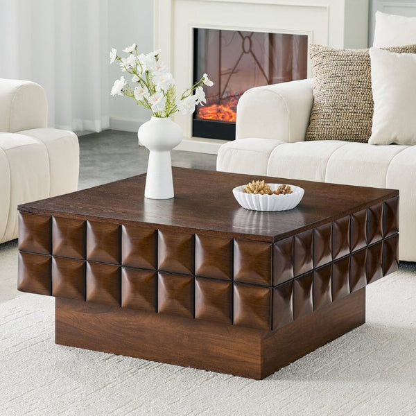 English Elm 31.89 Square Ash Veneer Coffee Table with Sculpted Geometric Relief and Hidden Storage W5608P454925