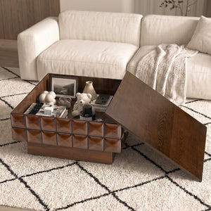 English Elm 31.89 Square Ash Veneer Coffee Table with Sculpted Geometric Relief and Hidden Storage W5608P454925