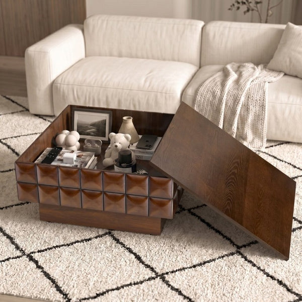 English Elm 31.89 Square Ash Veneer Coffee Table with Sculpted Geometric Relief and Hidden Storage W5608P454925