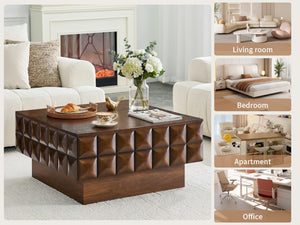 English Elm 31.89 Square Ash Veneer Coffee Table with Sculpted Geometric Relief and Hidden Storage W5608P454925