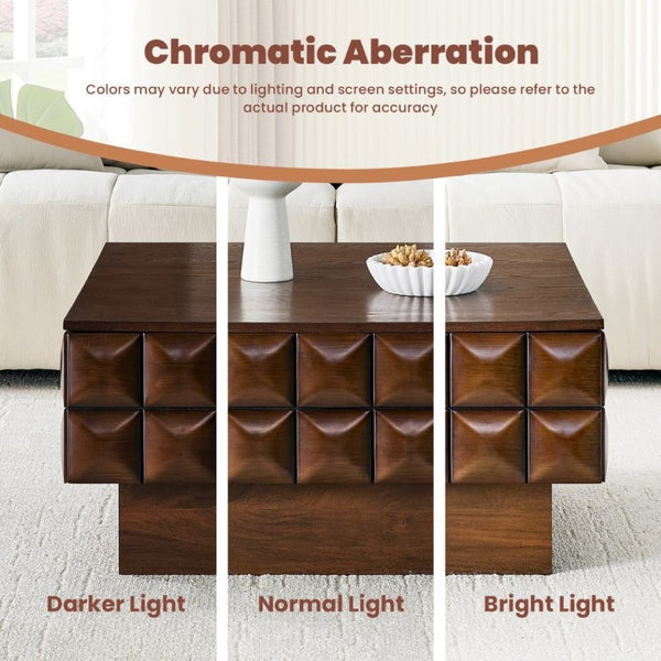 English Elm 31.89 Square Ash Veneer Coffee Table with Sculpted Geometric Relief and Hidden Storage W5608P454925