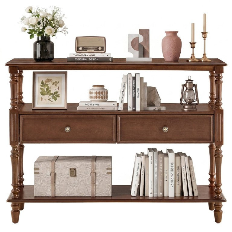 English Elm 3-Tier Console Table with Ash Veneer Finish Rubberwood Legs and Two Storage Drawers W5608P454929
