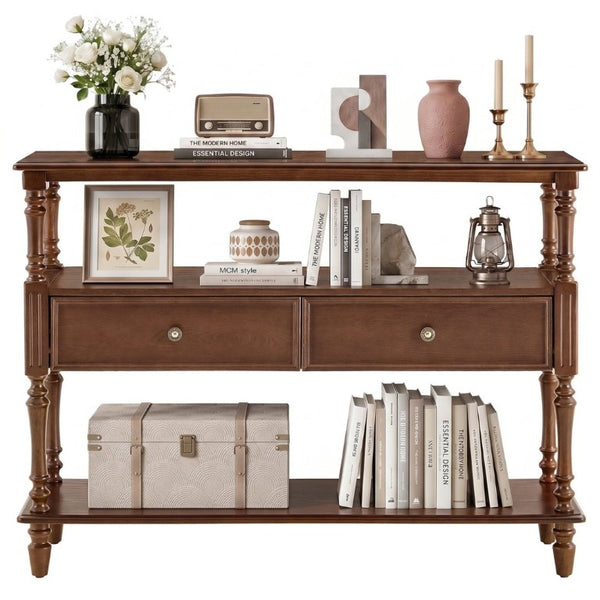 English Elm 3-Tier Console Table with Ash Veneer Finish Rubberwood Legs and Two Storage Drawers W5608P454929