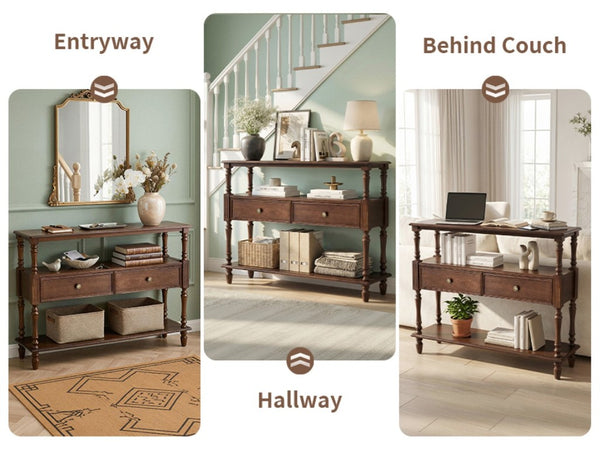 English Elm 3-Tier Console Table with Ash Veneer Finish Rubberwood Legs and Two Storage Drawers W5608P454929
