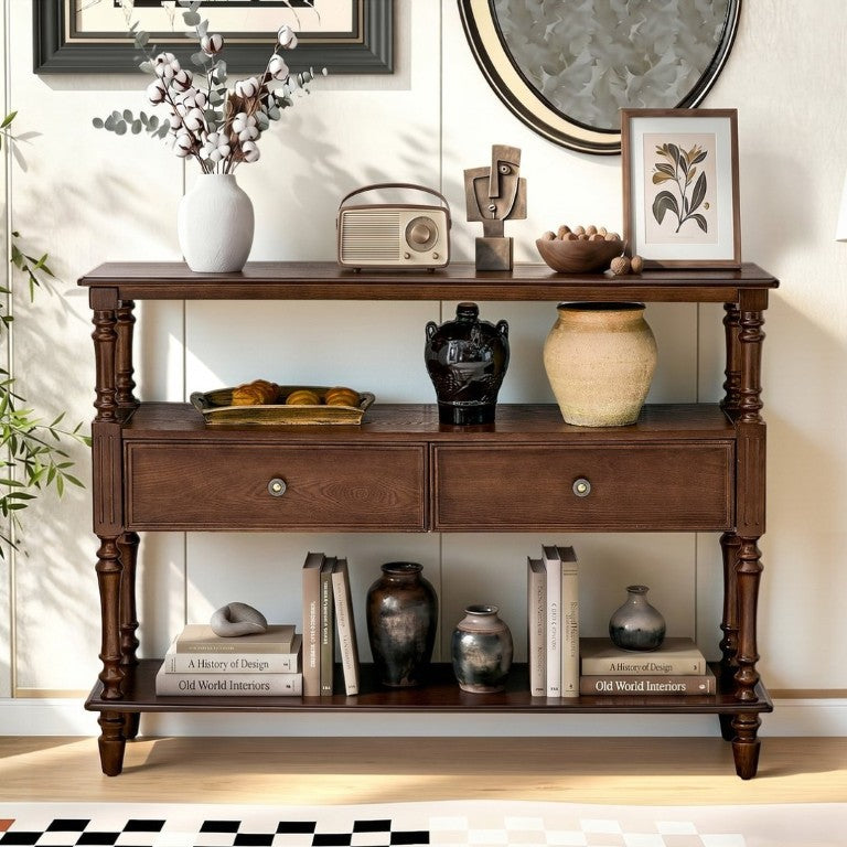 English Elm 3-Tier Console Table with Ash Veneer Finish Rubberwood Legs and Two Storage Drawers W5608P454929
