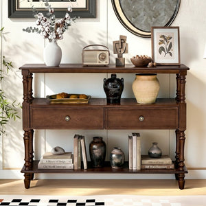 English Elm 3-Tier Console Table with Ash Veneer Finish Rubberwood Legs and Two Storage Drawers W5608P454929