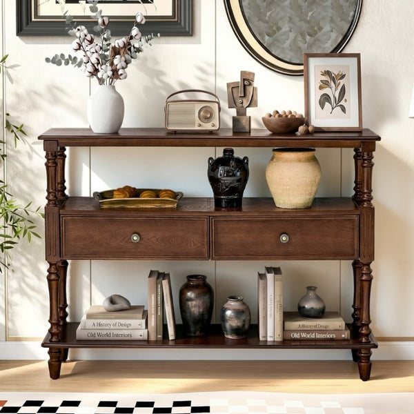 English Elm 3-Tier Console Table with Ash Veneer Finish Rubberwood Legs and Two Storage Drawers W5608P454929