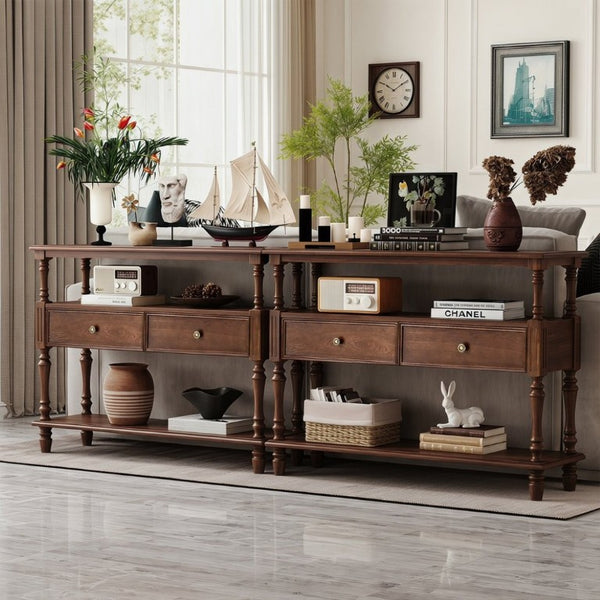 English Elm 3-Tier Console Table with Ash Veneer Finish Rubberwood Legs and Two Storage Drawers W5608P454929