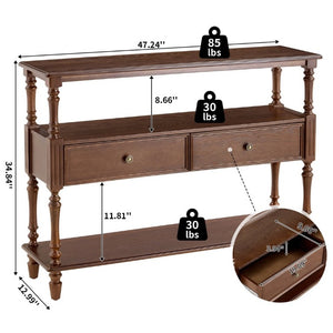 English Elm 3-Tier Console Table with Ash Veneer Finish Rubberwood Legs and Two Storage Drawers W5608P454929