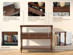 English Elm 3-Tier Console Table with Ash Veneer Finish Rubberwood Legs and Two Storage Drawers W5608P454929