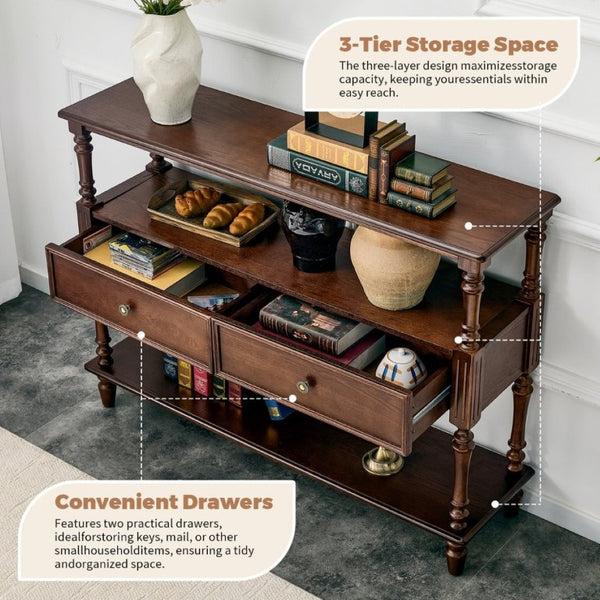 English Elm 3-Tier Console Table with Ash Veneer Finish Rubberwood Legs and Two Storage Drawers W5608P454929