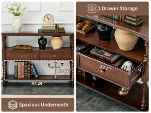 English Elm 3-Tier Console Table with Ash Veneer Finish Rubberwood Legs and Two Storage Drawers W5608P454929
