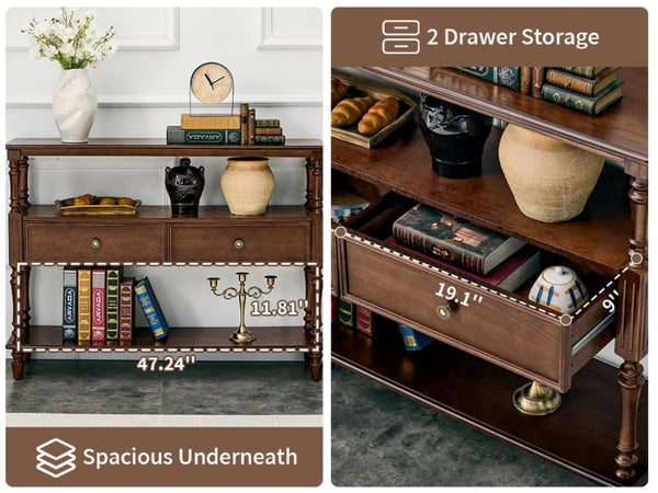 English Elm 3-Tier Console Table with Ash Veneer Finish Rubberwood Legs and Two Storage Drawers W5608P454929