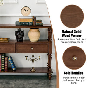 English Elm 3-Tier Console Table with Ash Veneer Finish Rubberwood Legs and Two Storage Drawers W5608P454929