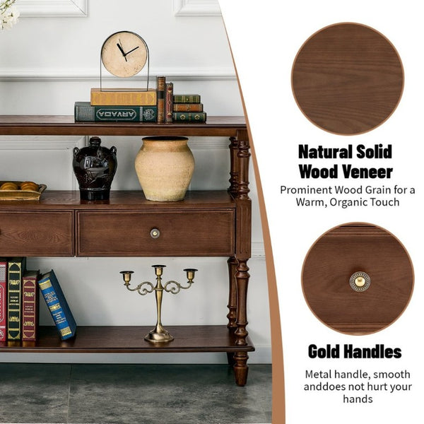 English Elm 3-Tier Console Table with Ash Veneer Finish Rubberwood Legs and Two Storage Drawers W5608P454929