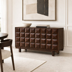English Elm 60 Inch Ash Veneer Sideboard with Sculptural 3D Door Fronts and Push Open Storage Dark Walnut W5608P506529