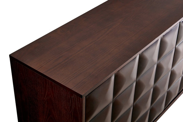 English Elm 60 Inch Ash Veneer Sideboard with Sculptural 3D Door Fronts and Push Open Storage Dark Walnut W5608P506529