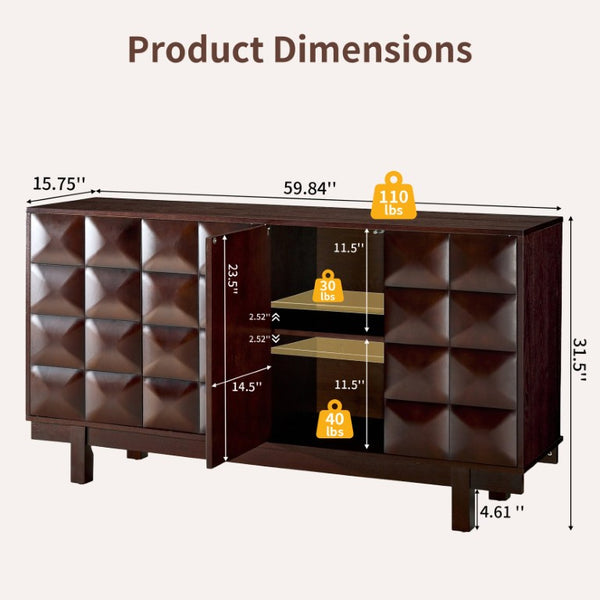 English Elm 60 Inch Ash Veneer Sideboard with Sculptural 3D Door Fronts and Push Open Storage Dark Walnut W5608P506529