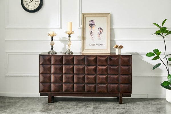 English Elm 60 Inch Ash Veneer Sideboard with Sculptural 3D Door Fronts and Push Open Storage Dark Walnut W5608P506529