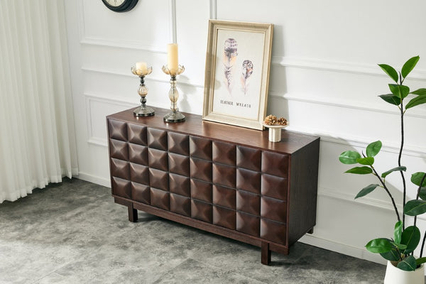English Elm 60 Inch Ash Veneer Sideboard with Sculptural 3D Door Fronts and Push Open Storage Dark Walnut W5608P506529