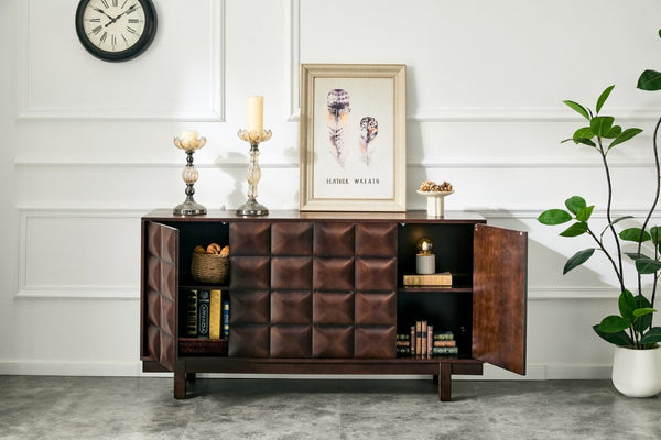 English Elm 60 Inch Ash Veneer Sideboard with Sculptural 3D Door Fronts and Push Open Storage Dark Walnut W5608P506529