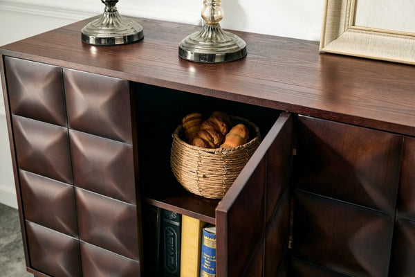 English Elm 60 Inch Ash Veneer Sideboard with Sculptural 3D Door Fronts and Push Open Storage Dark Walnut W5608P506529