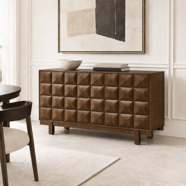 English Elm 60 Inch Ash Veneer Sideboard with Sculptural 3D Door Fronts and Push Open Storage Walnut W5608P506597