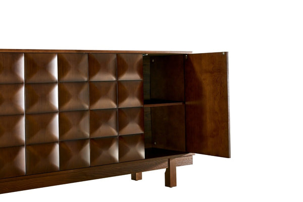 English Elm 60 Inch Ash Veneer Sideboard with Sculptural 3D Door Fronts and Push Open Storage Walnut W5608P506597