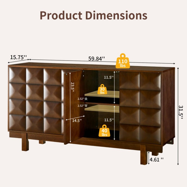 English Elm 60 Inch Ash Veneer Sideboard with Sculptural 3D Door Fronts and Push Open Storage Walnut W5608P506597