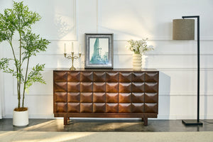 English Elm 60 Inch Ash Veneer Sideboard with Sculptural 3D Door Fronts and Push Open Storage Walnut W5608P506597