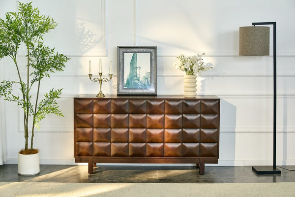 English Elm 60 Inch Ash Veneer Sideboard with Sculptural 3D Door Fronts and Push Open Storage Walnut W5608P506597