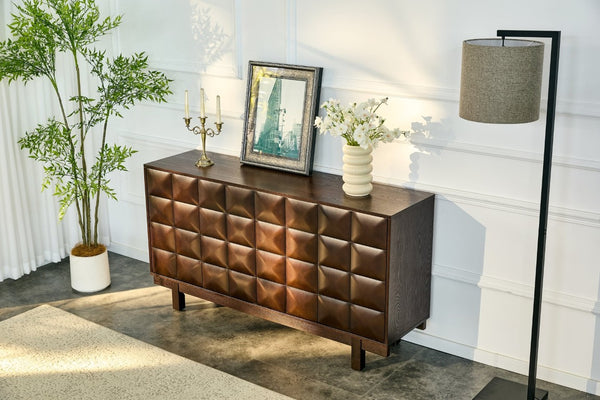 English Elm 60 Inch Ash Veneer Sideboard with Sculptural 3D Door Fronts and Push Open Storage Walnut W5608P506597
