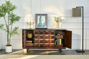 English Elm 60 Inch Ash Veneer Sideboard with Sculptural 3D Door Fronts and Push Open Storage Walnut W5608P506597