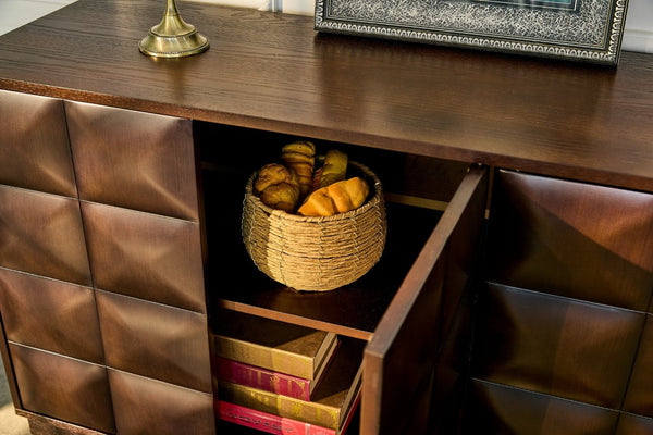 English Elm 60 Inch Ash Veneer Sideboard with Sculptural 3D Door Fronts and Push Open Storage Walnut W5608P506597