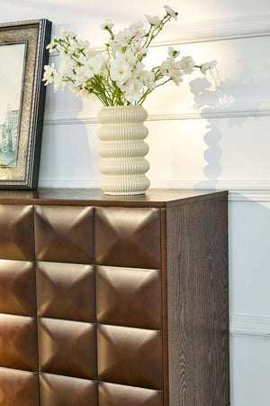 English Elm 60 Inch Ash Veneer Sideboard with Sculptural 3D Door Fronts and Push Open Storage Walnut W5608P506597