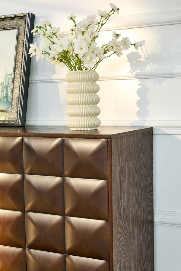 English Elm 60 Inch Ash Veneer Sideboard with Sculptural 3D Door Fronts and Push Open Storage Walnut W5608P506597