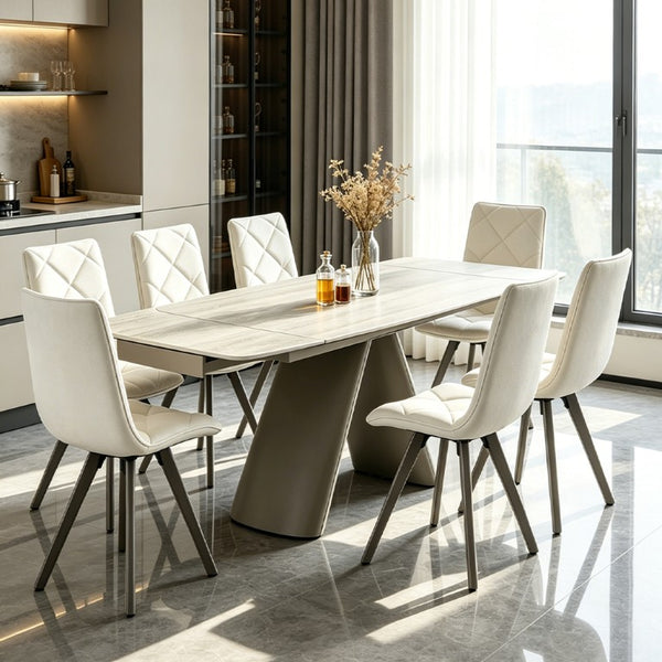 English Elm 1+6 Sintered Stone Extendable Dining Table Ivory Marble Look Seats 6 to 10 Steel Base W5630S00010